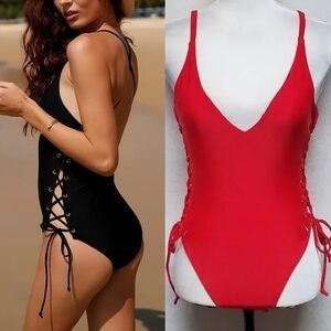 Revamped by Sirens Women's Red Lace-up Racerback Plunging Neckline Swimsuit S